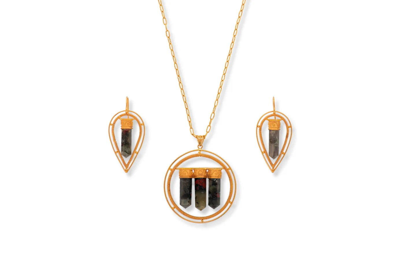 AGATE PILLARED GOLD PENDANT SET