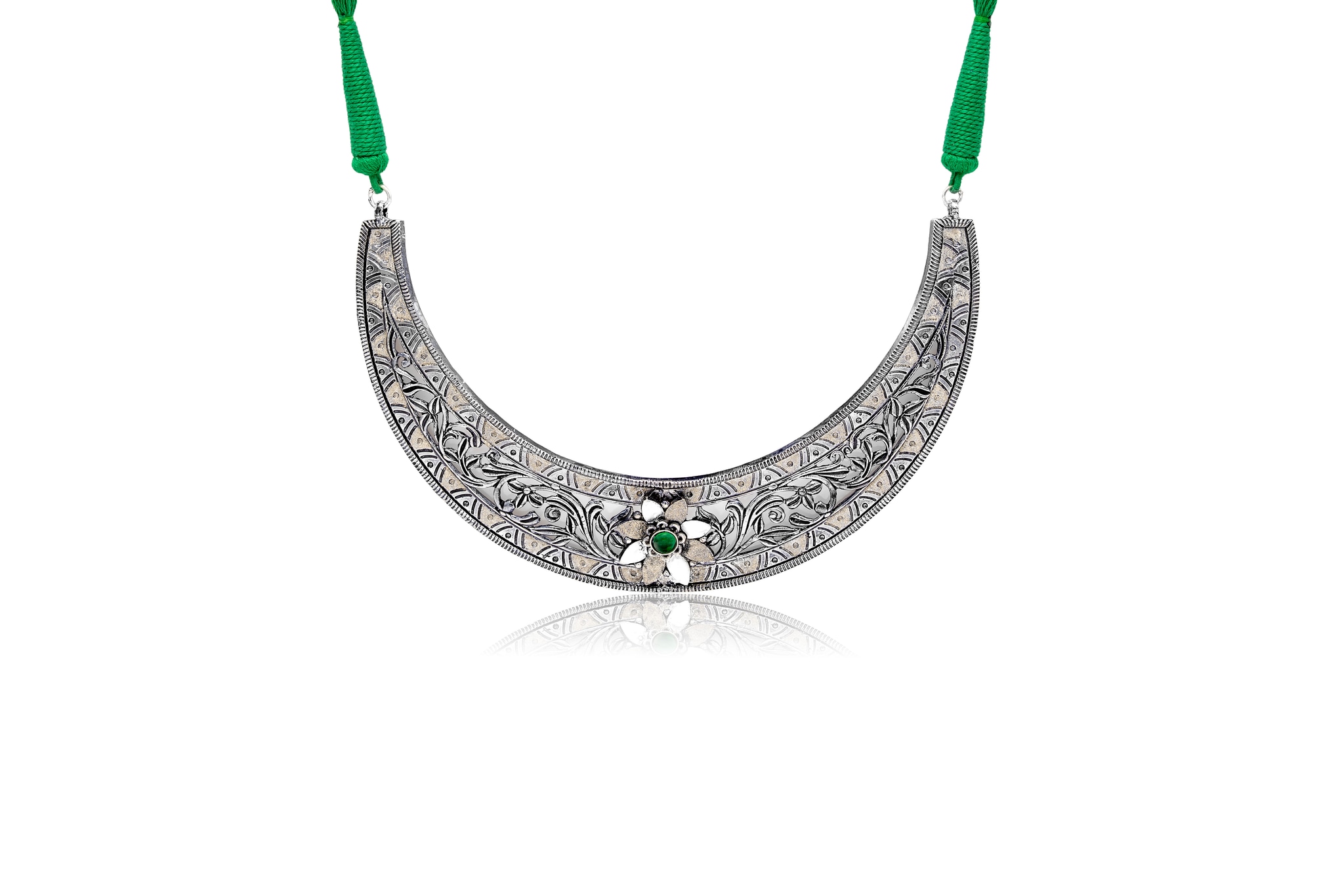 GREEN BLOSSOM CRESCENT SILVER NECKLACE