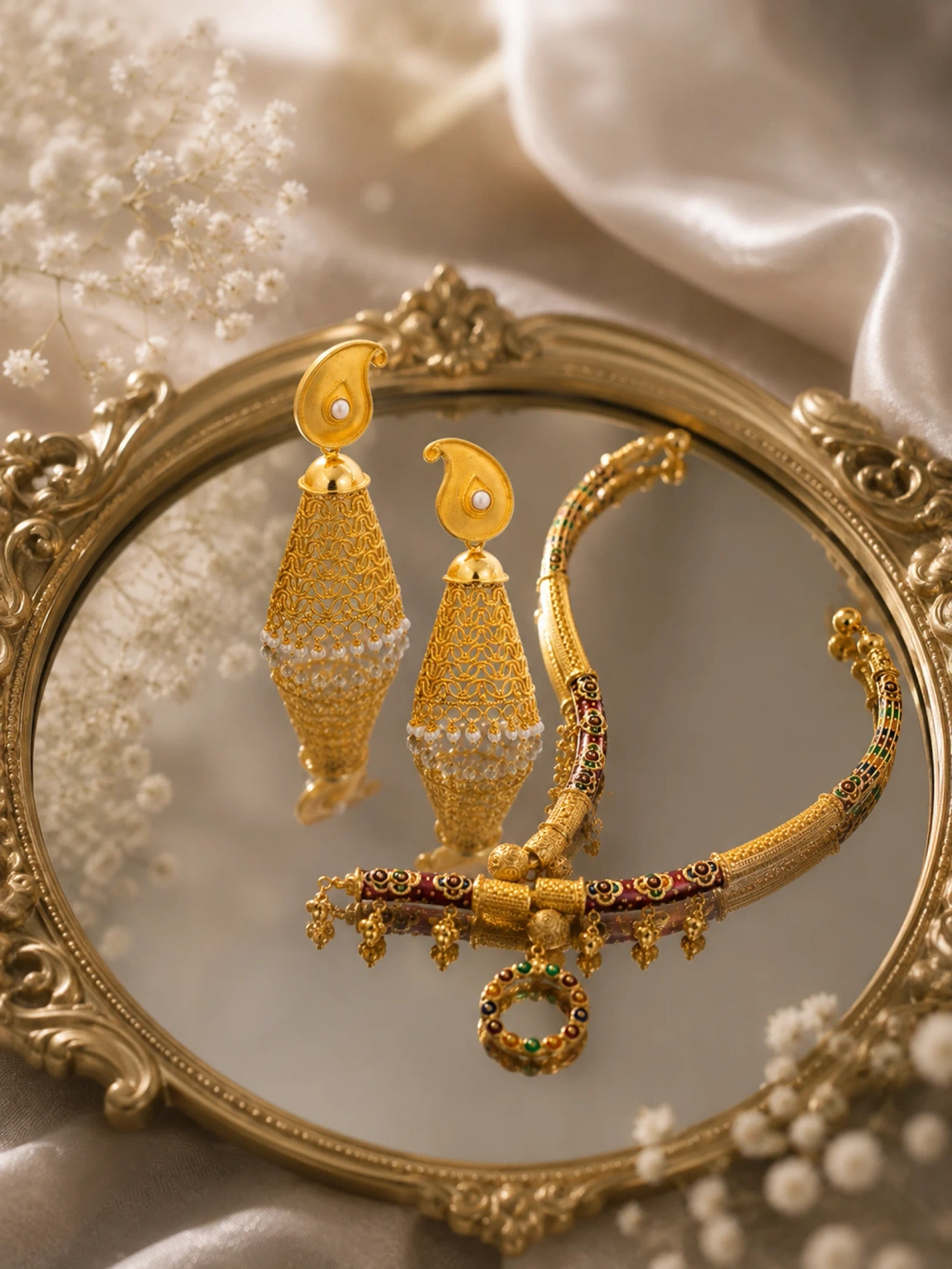 Bridal jewellery set with jhumka earrings and a stone-set necklace