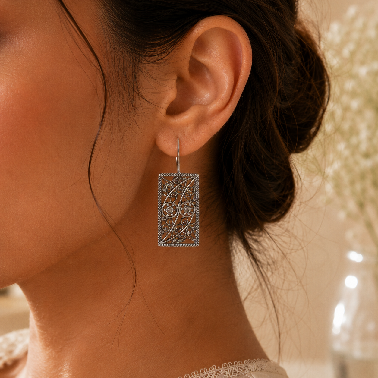 OBLONG SILVER DROP EARRINGS