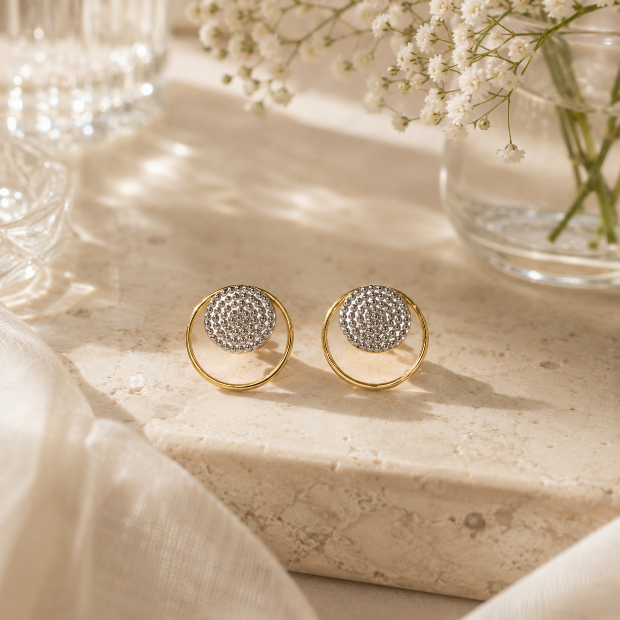 Dual circular ringed silver earrings – handcrafted silver EARRINGS (alternate view)