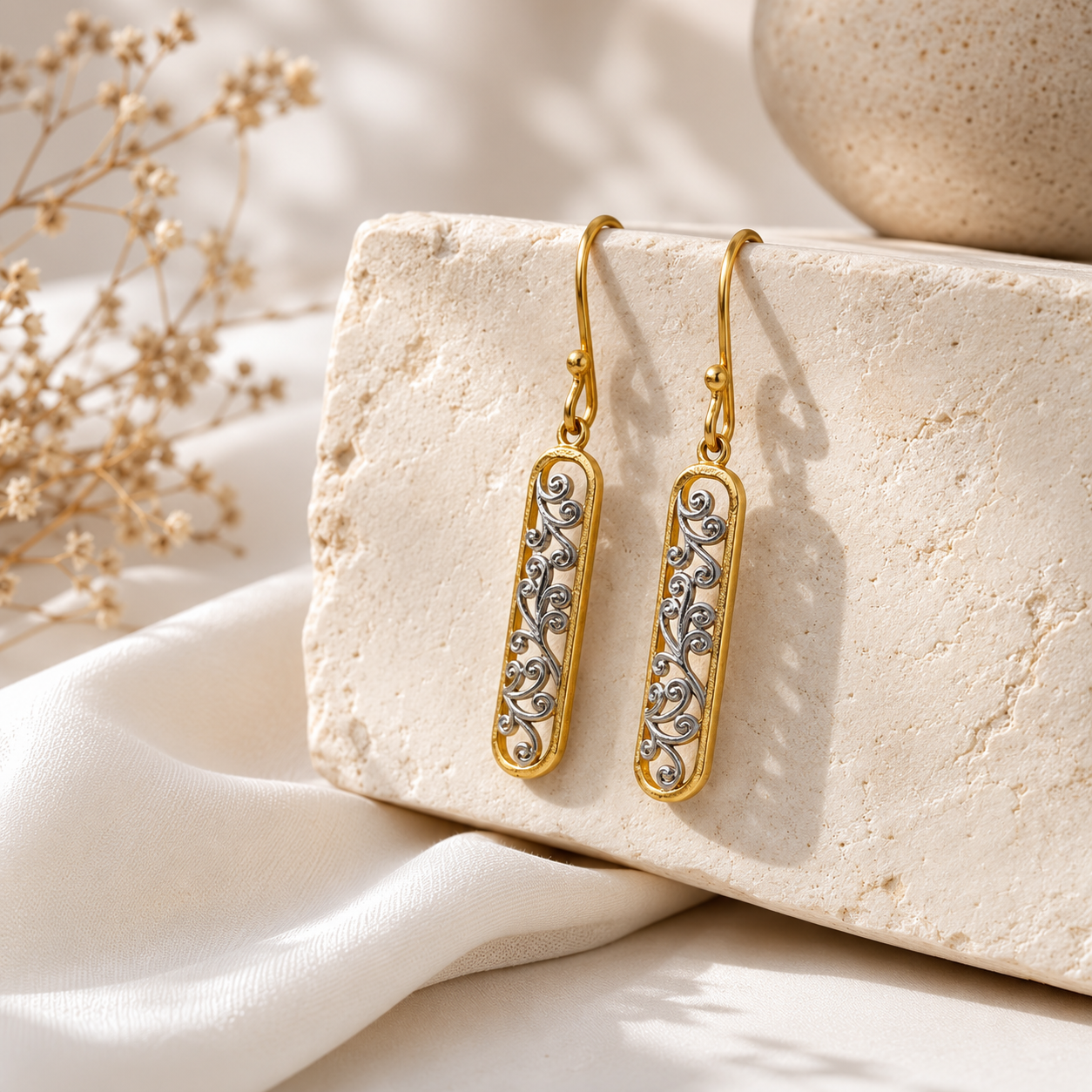 Carved oblong silver earrings – handcrafted silver EARRINGS (alternate view)