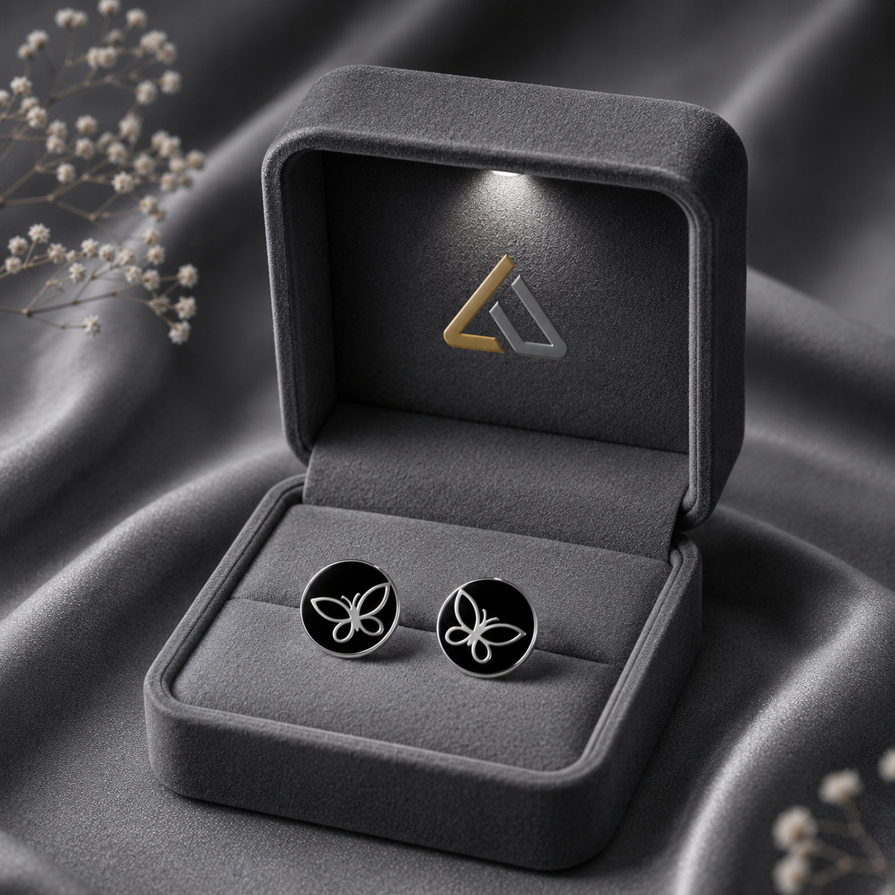 Black and silver butterfly stud earrings in an Auram gift box