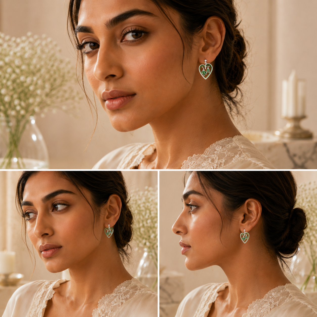 LEAF DROP HEART SILVER EARRINGS