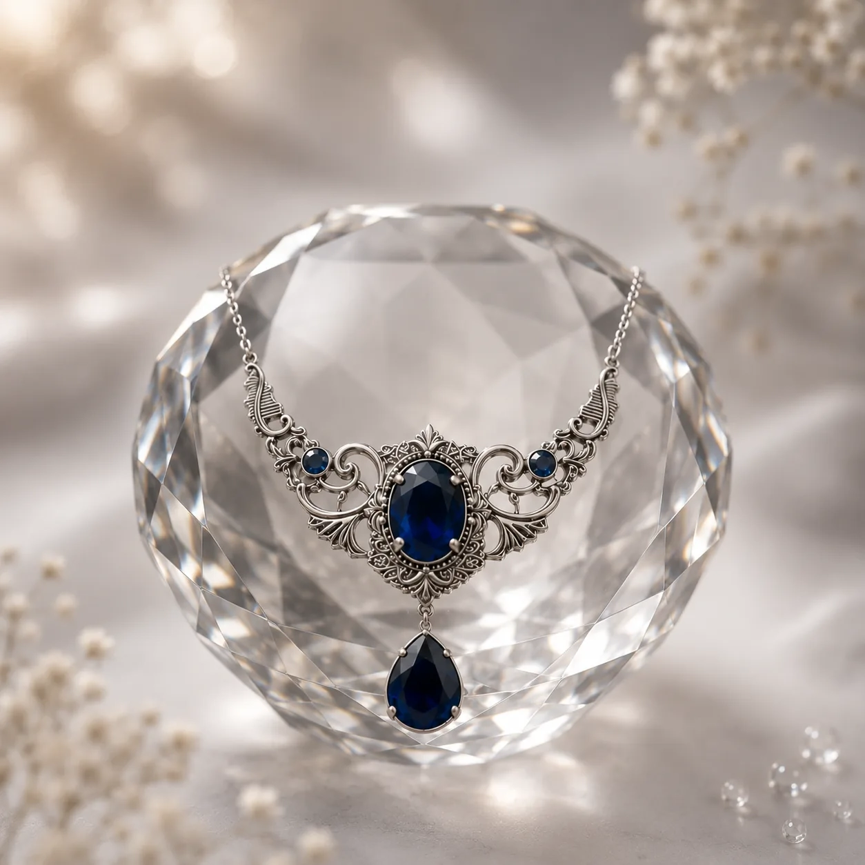 Silver filigree necklace set with blue sapphire-toned oval and teardrop stones