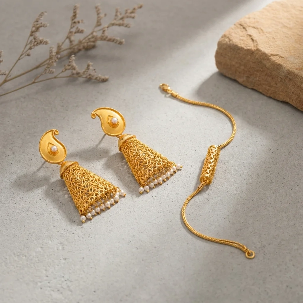 Handcrafted jhumka earrings with pearl drops beside a fine chain, from the bridal jewellery under ₹10,000 edit