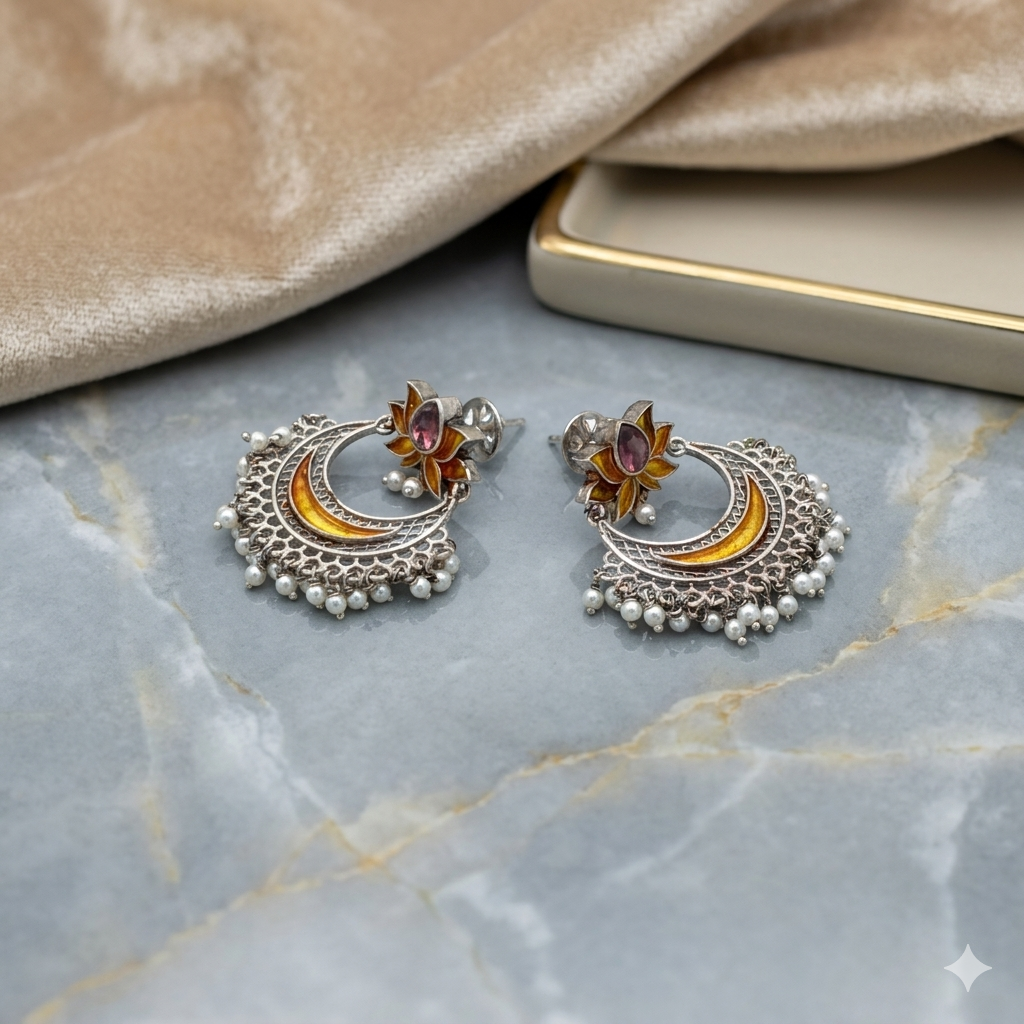 Silver lotus danglers – handcrafted silver EARRINGS (alternate view)