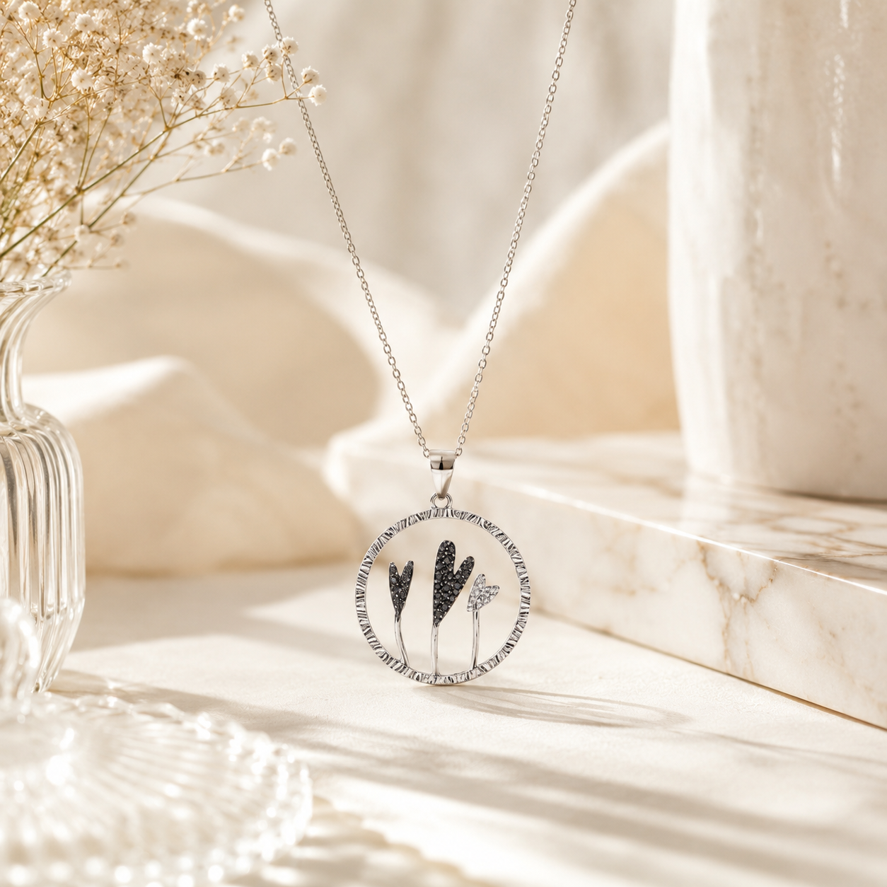 Trio hearts silver pendant – handcrafted silver PENDANTS (alternate view)