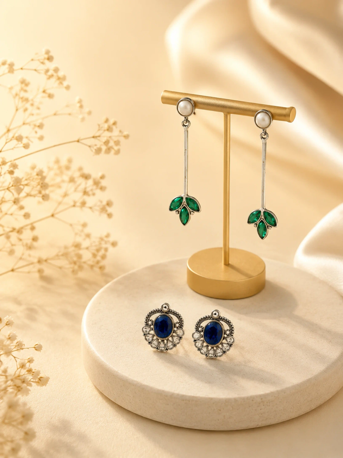 Silver drop earrings with green enamel leaves and blue stone studs in 925 sterling silver