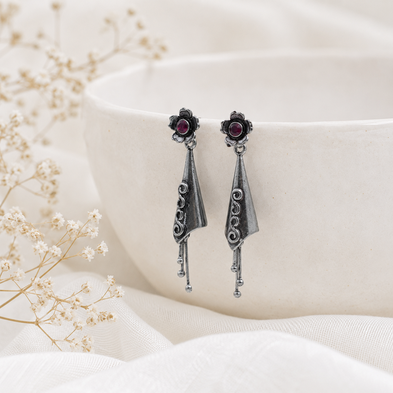 Floral solace – handcrafted silver EARRINGS (alternate view)