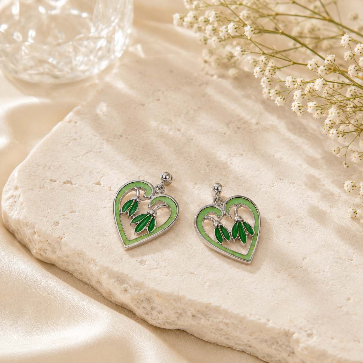 LEAF DROP HEART SILVER EARRINGS
