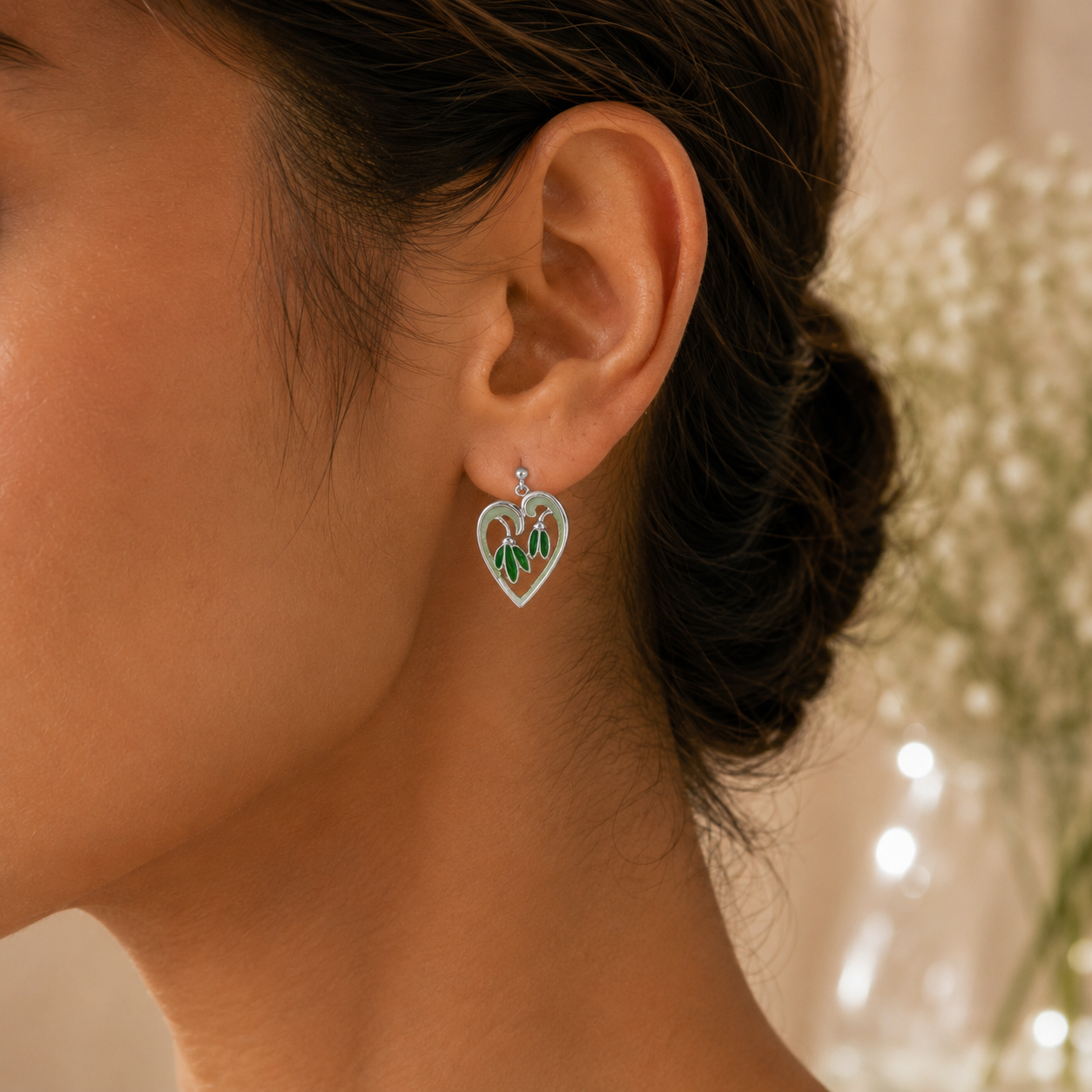 LEAF DROP HEART SILVER EARRINGS