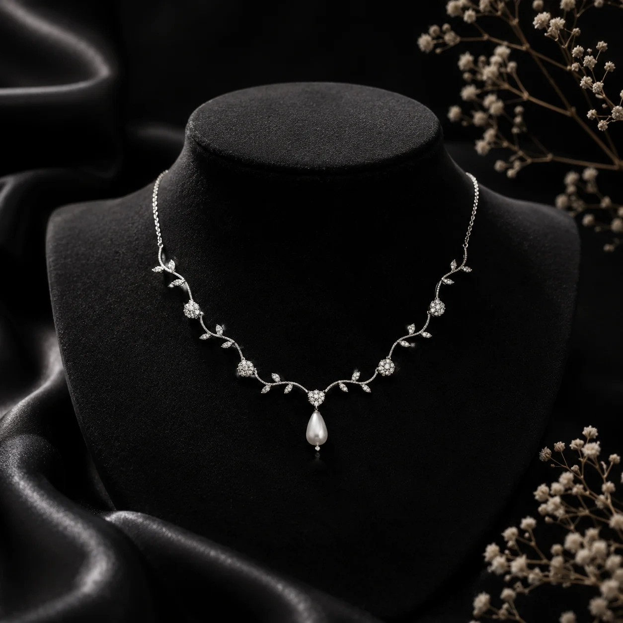 Handcrafted silver vine necklace set with stones and a teardrop pearl drop
