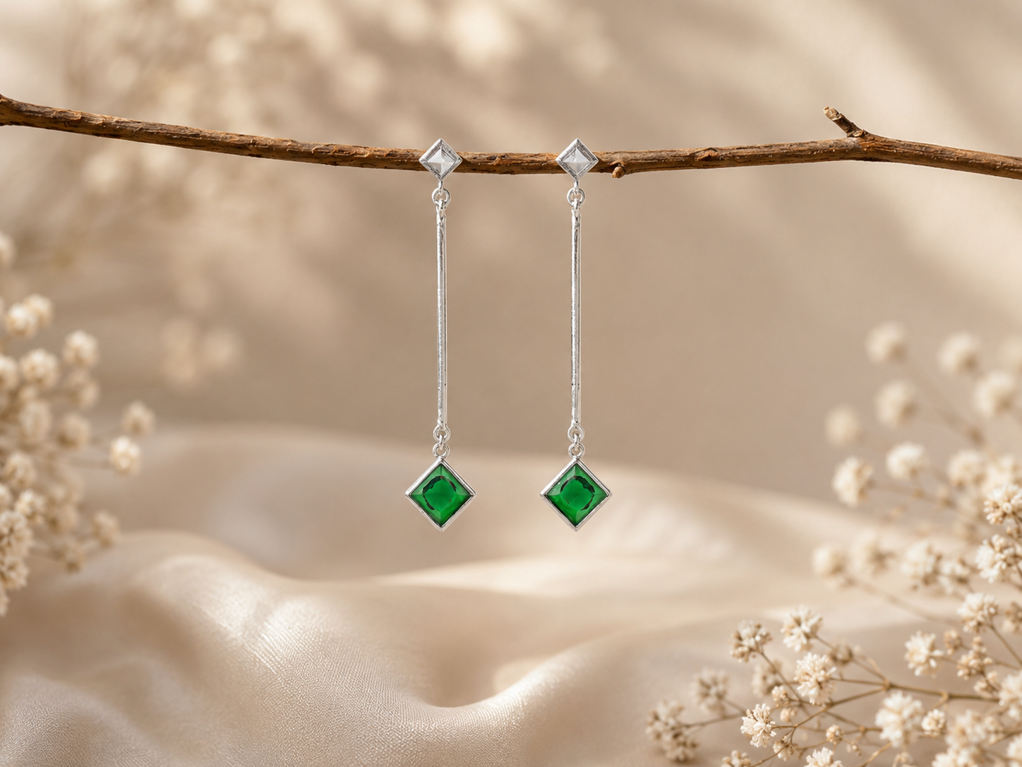 Green aura silver danglers – handcrafted silver EARRINGS (alternate view)