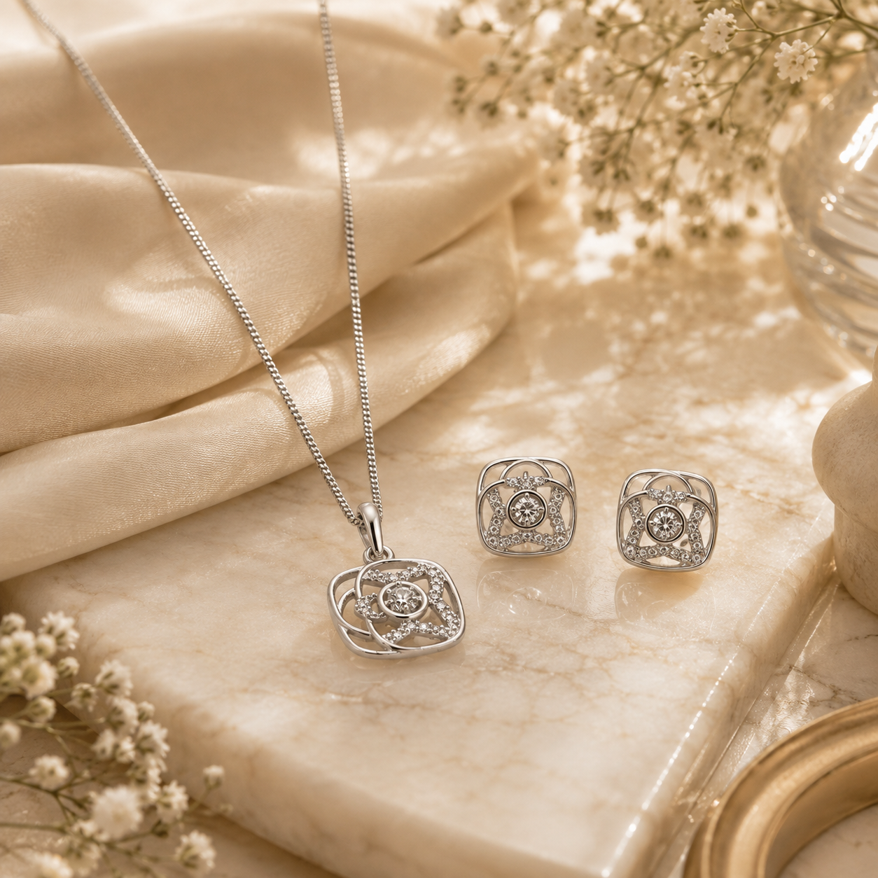 Dazzling square silver pendant set – handcrafted silver Pendant Sets (alternate view)