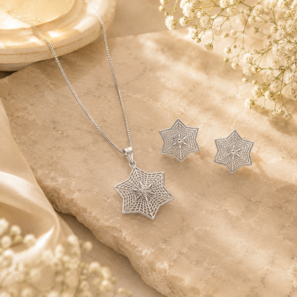 Astral bloom silver pendant set – handcrafted silver Pendant Sets