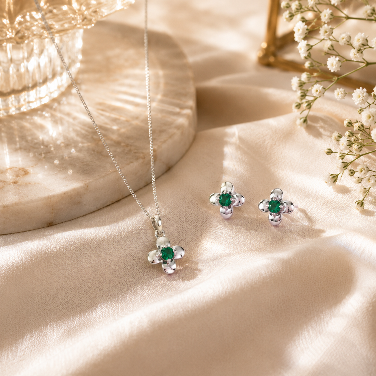Green blossom silver pendant set – handcrafted silver Pendant Sets