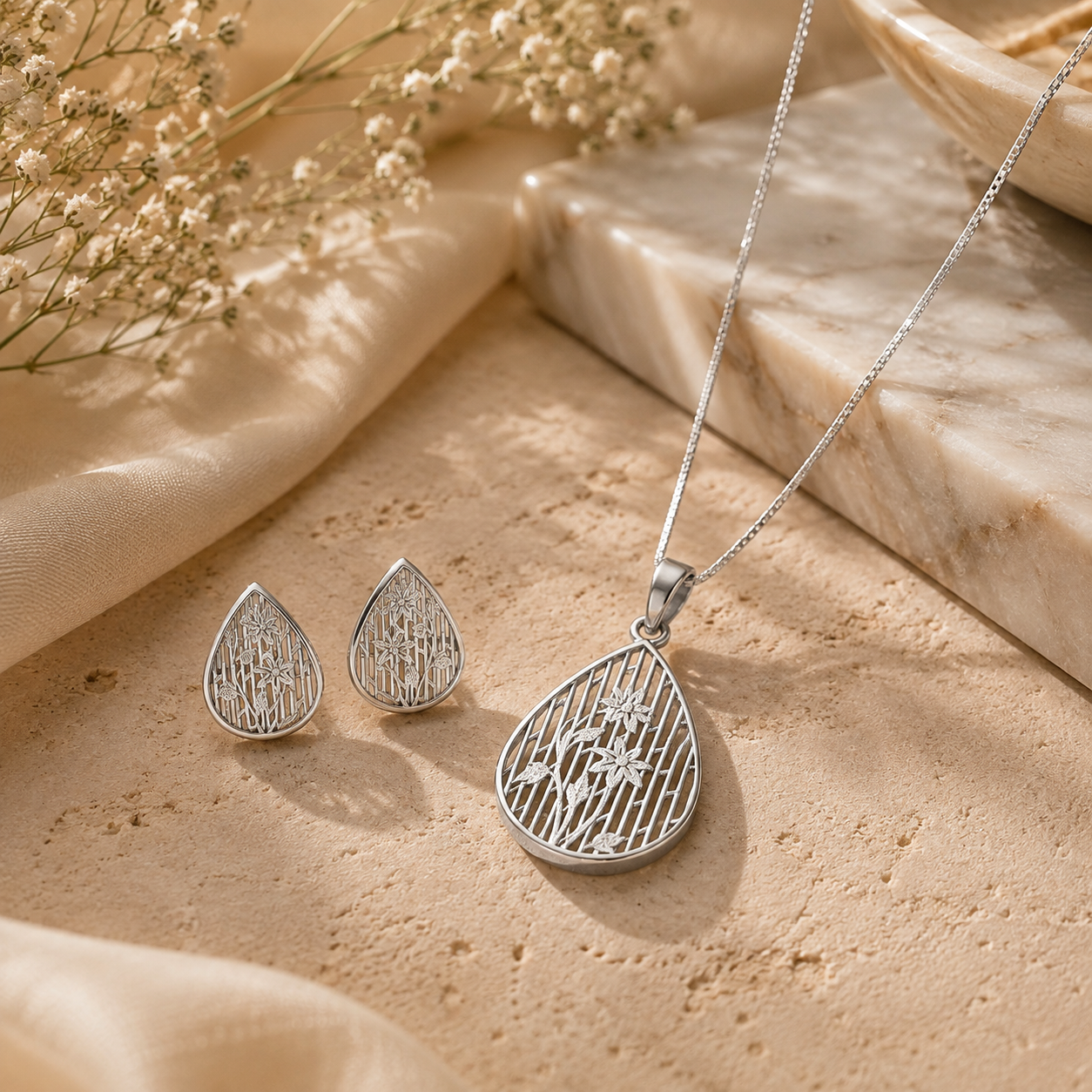 Dewdrop garden silver pendant set – handcrafted silver Pendant Sets