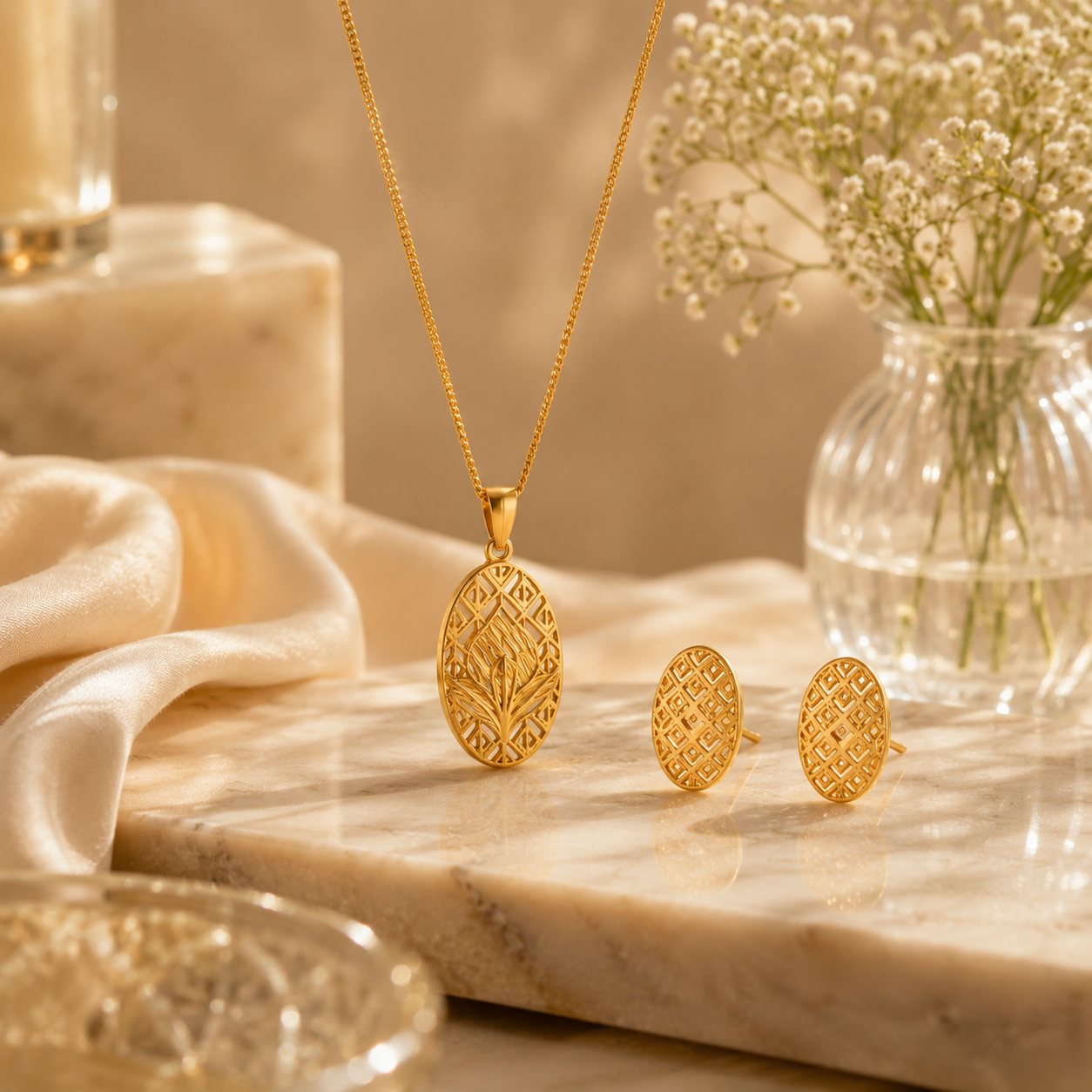Oval foliage silver pendant set – handcrafted silver Pendant Sets