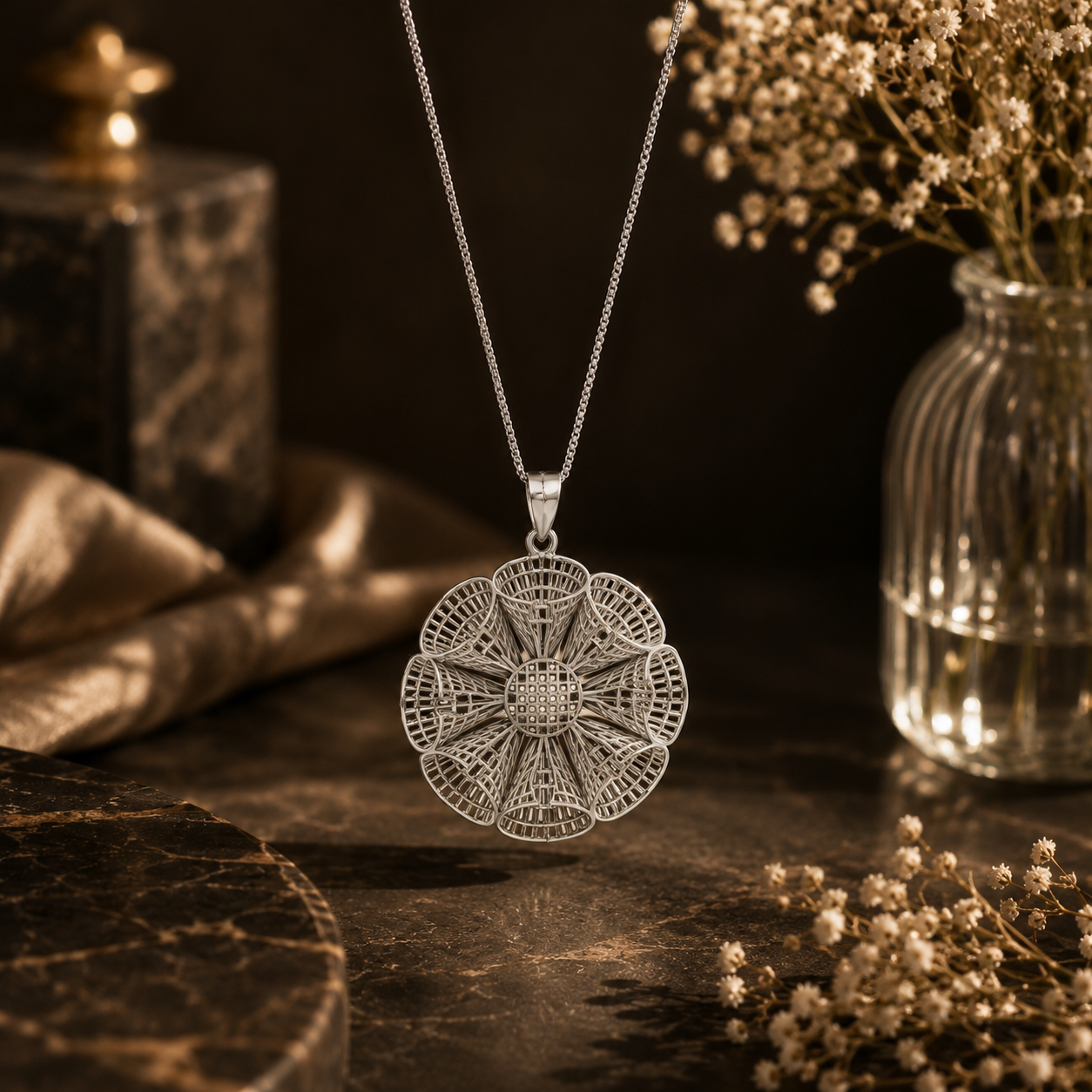 Silver lattice cone floral pendant set – handcrafted silver Pendant Sets
