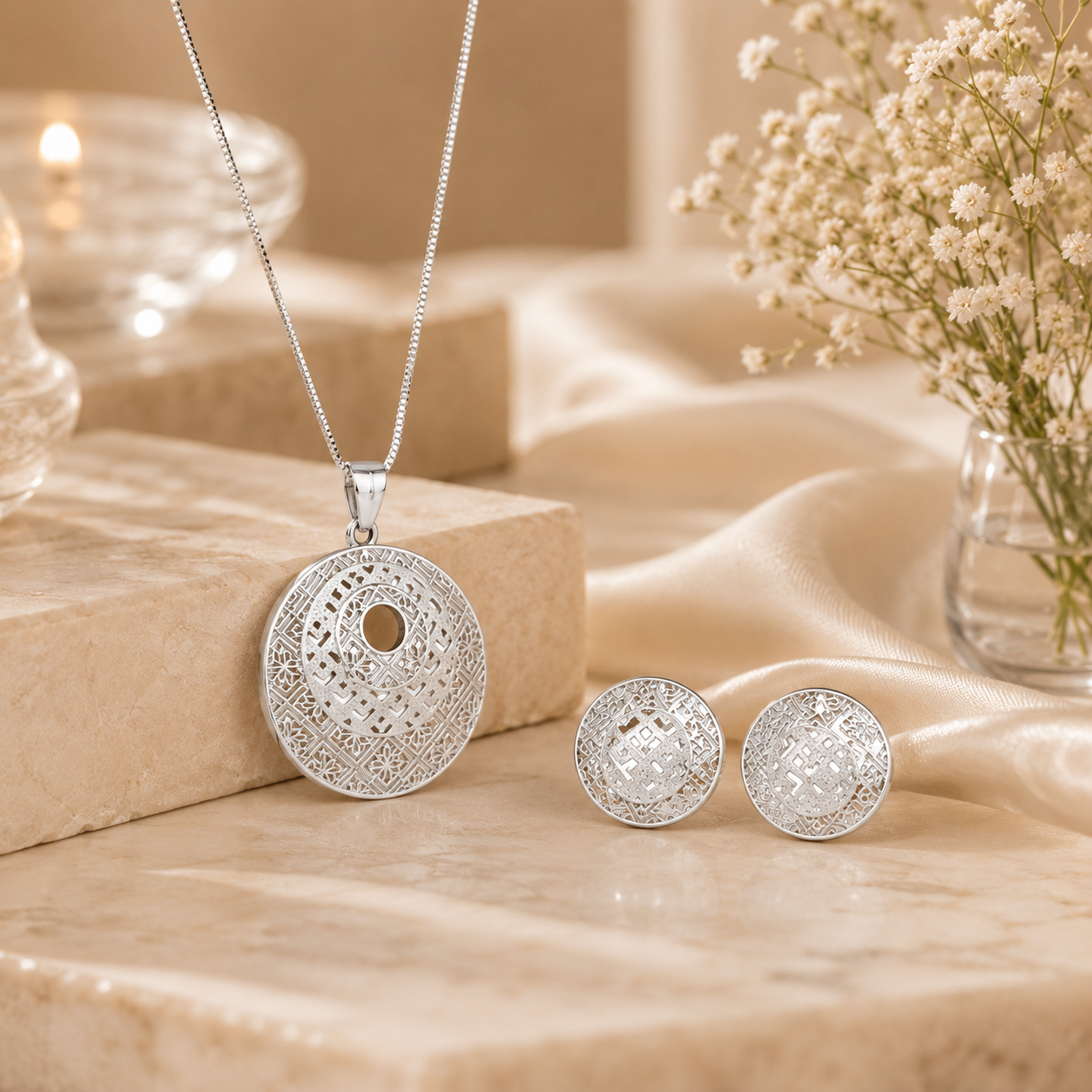 Luna latticework silver pendant set – handcrafted silver Pendant Sets (alternate view)