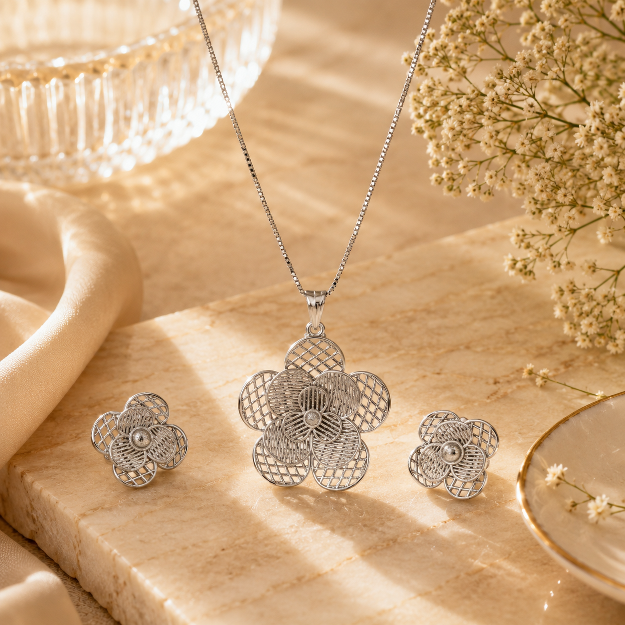 Argent bloom silver pendant set – handcrafted silver Pendant Sets
