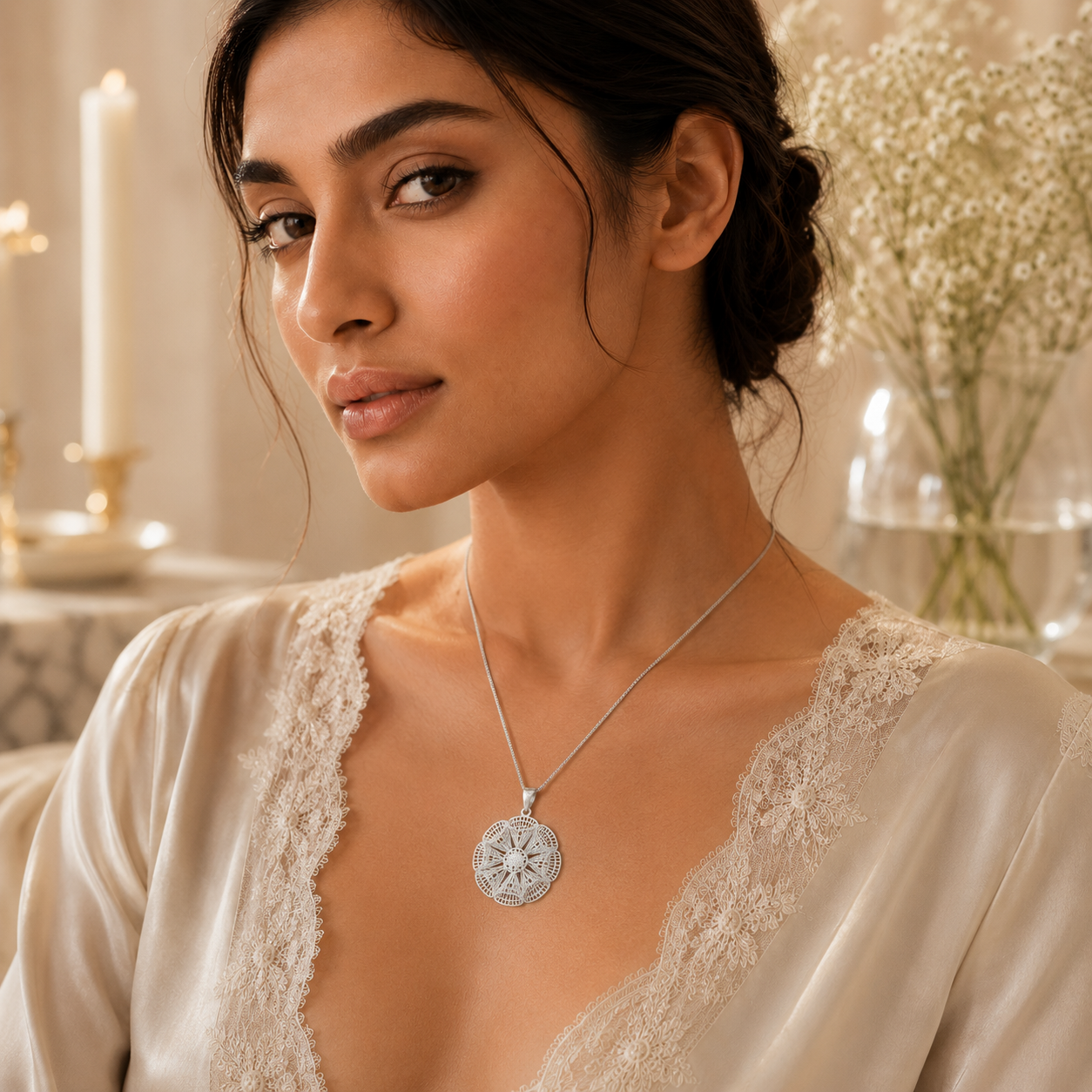 SILVER LATTICE CONE FLORAL PENDANT SET