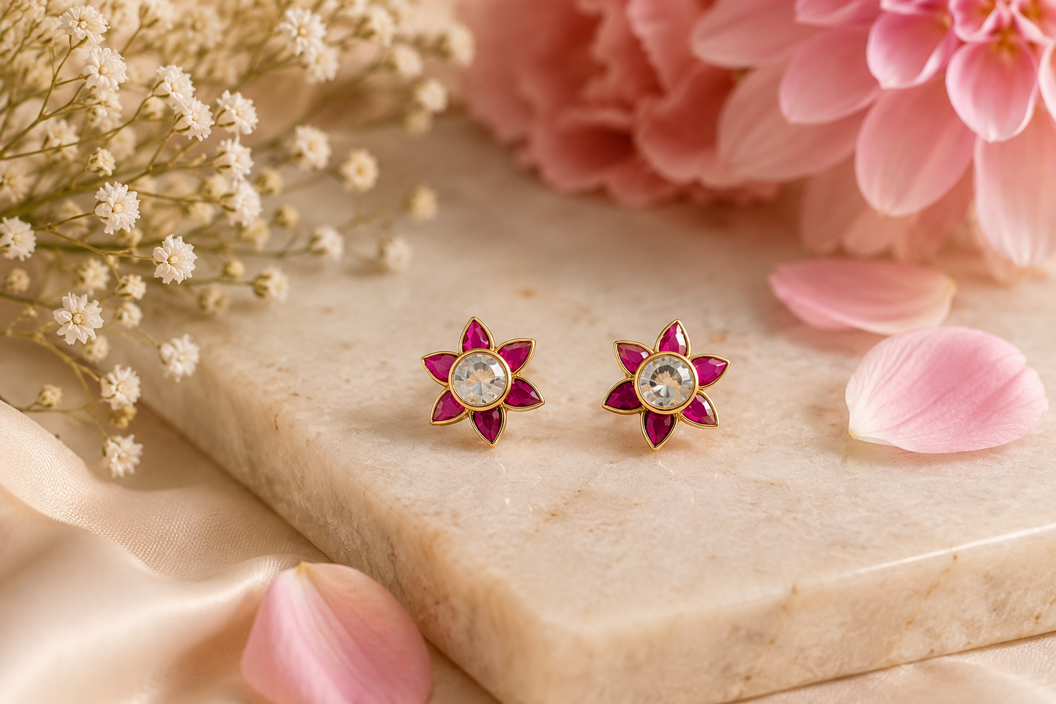 Ruby bloom silver stud earrings – handcrafted silver EARRINGS (alternate view)