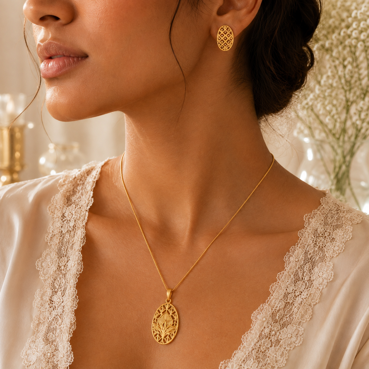 OVAL FOLIAGE SILVER PENDANT SET