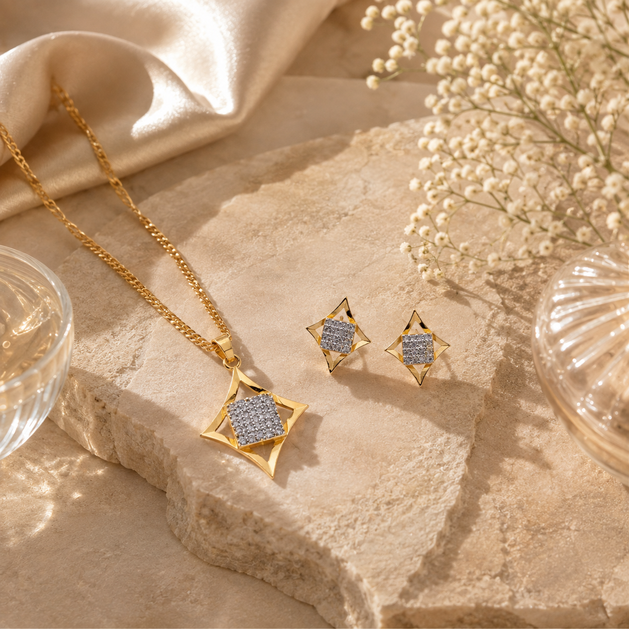 Studded rhombus silver pendant set – handcrafted silver Pendant Sets