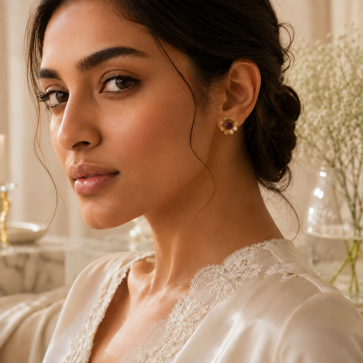 MEENAKARI SUNFLOWER SILVER EARRINGS