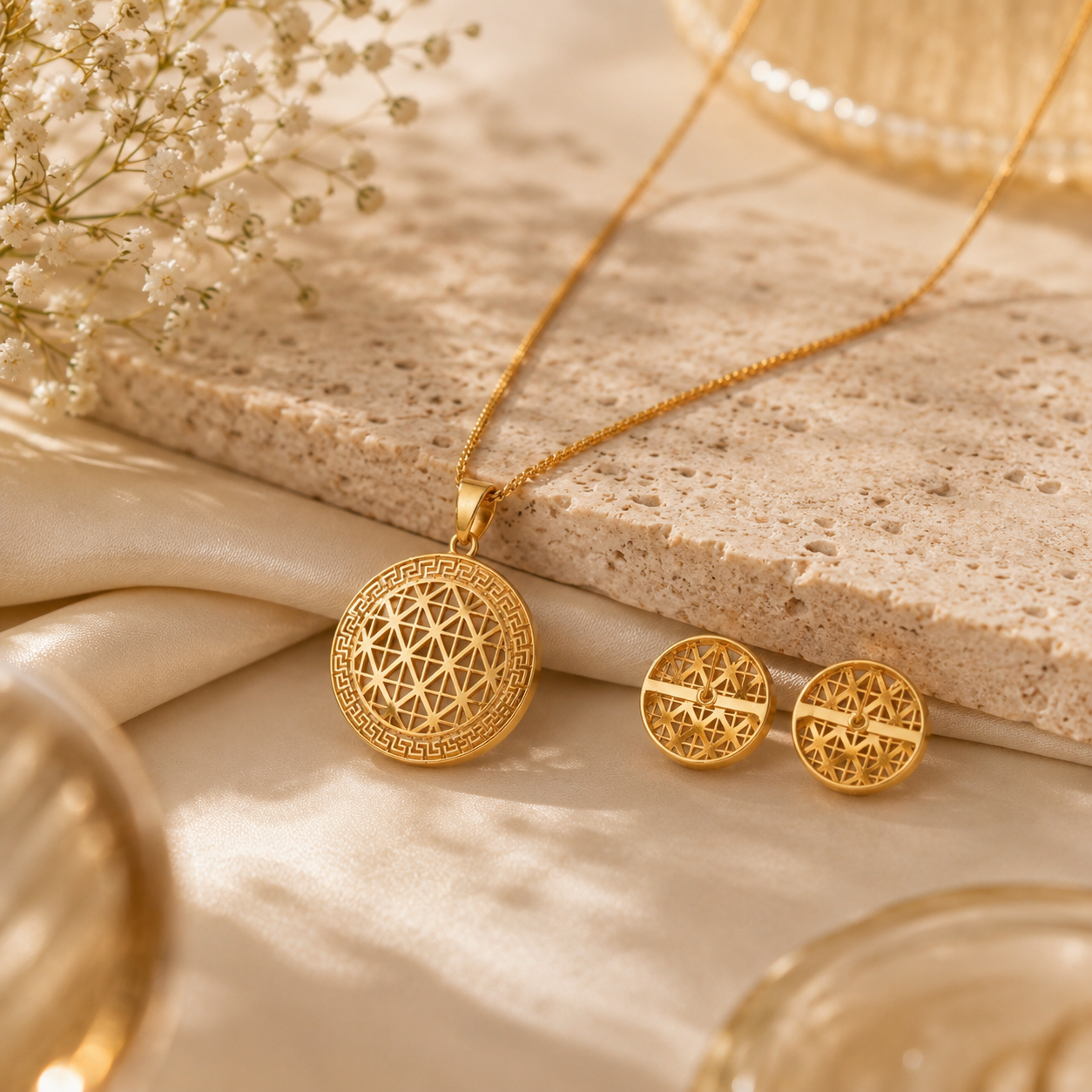 Silver grid pendant set – handcrafted silver Pendant Sets