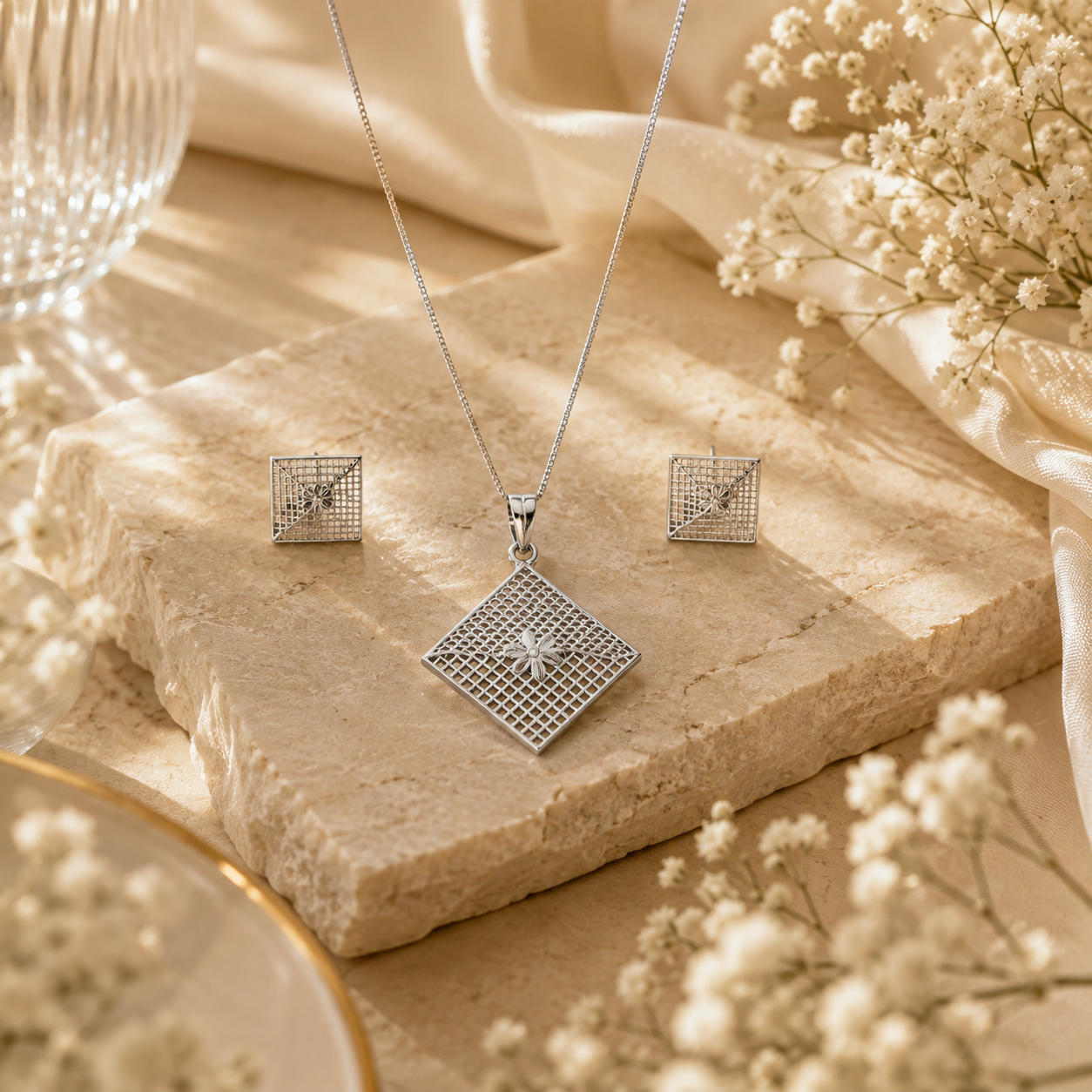 Prism petal pendant set – handcrafted silver Pendant Sets