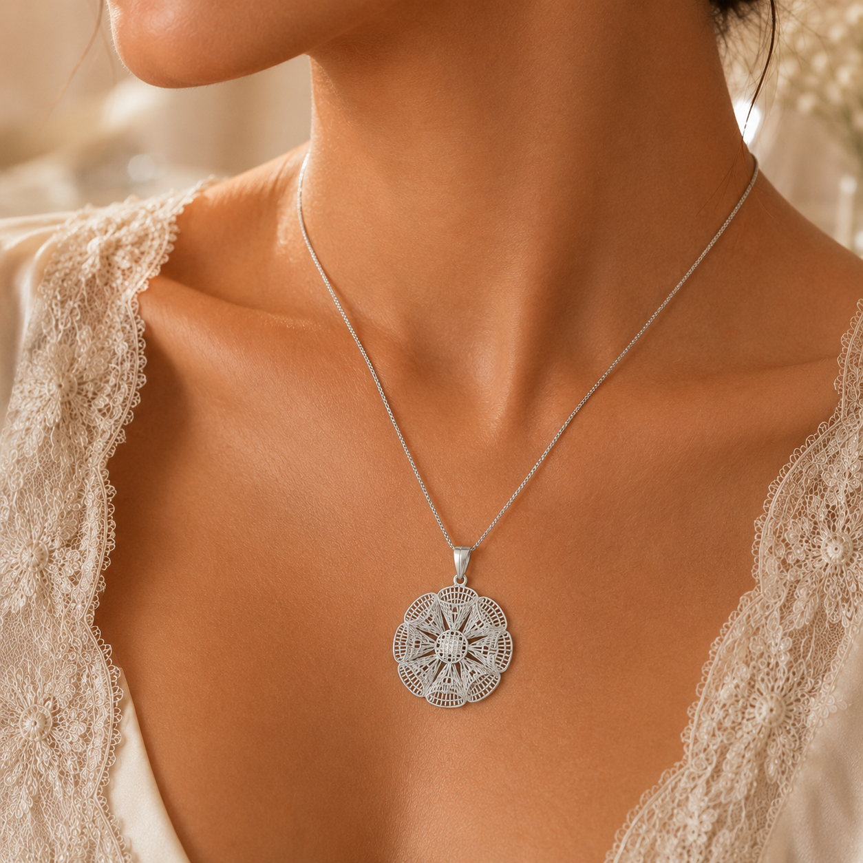 SILVER LATTICE CONE FLORAL PENDANT SET