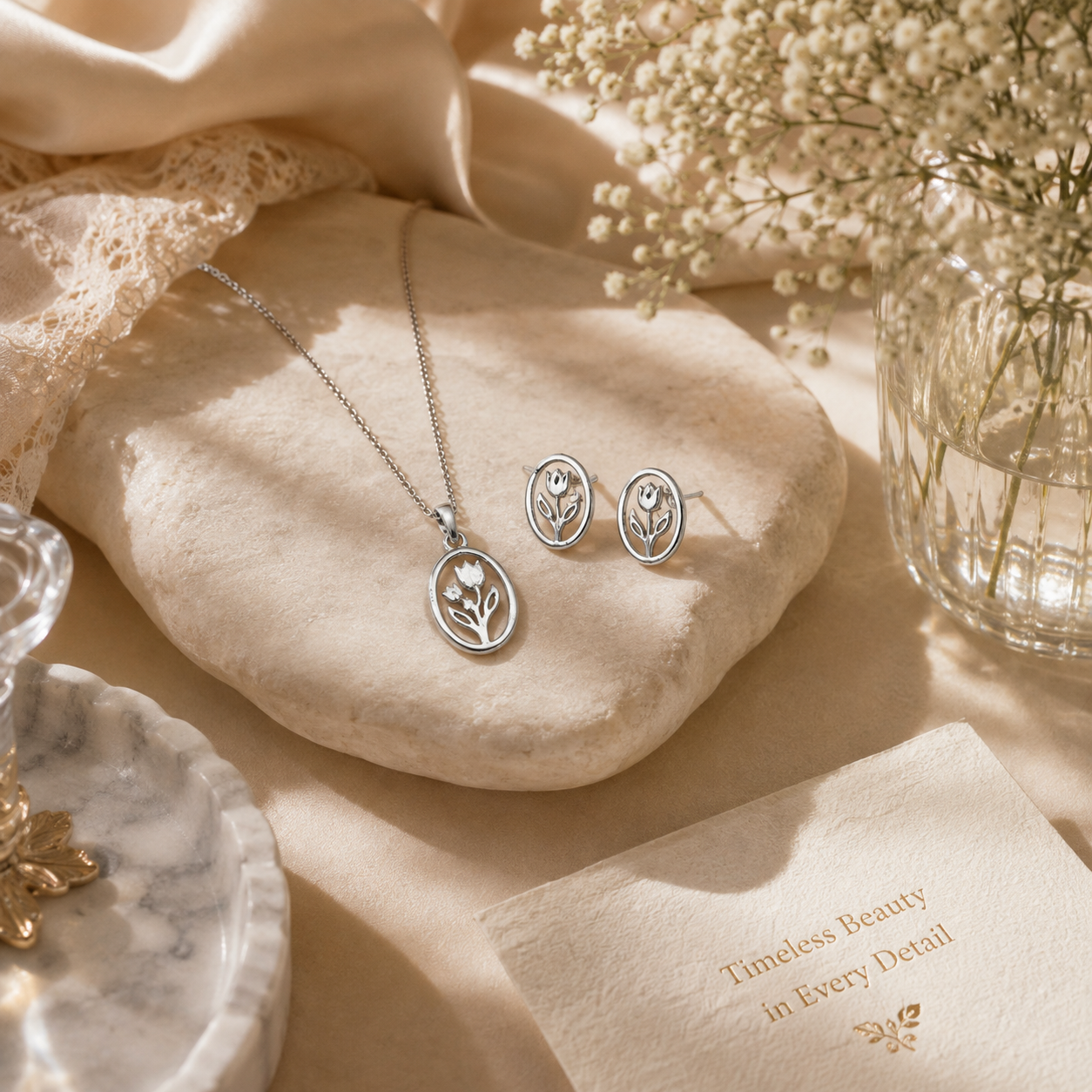 925 sterling silver tulip pendant set – handcrafted silver Pendant Sets