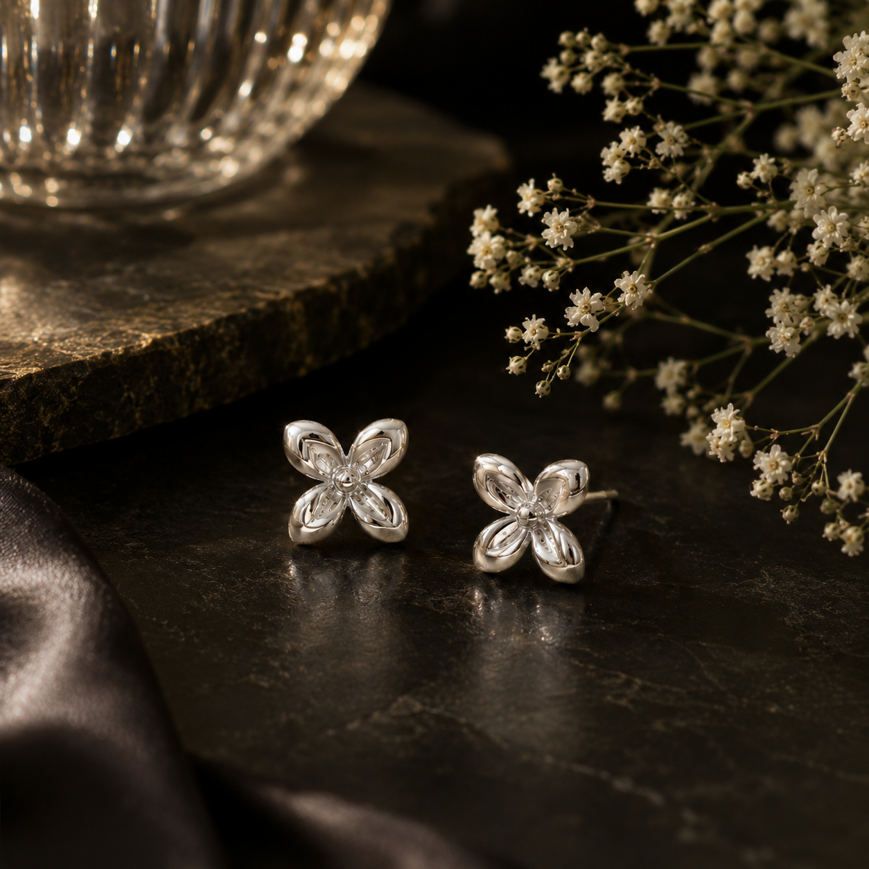 Buttercup bloom silver stud earrings – handcrafted silver EARRINGS (alternate view)