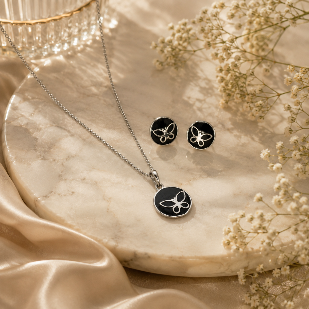 Monochrome silver pendant set – handcrafted silver Pendant Sets (alternate view)