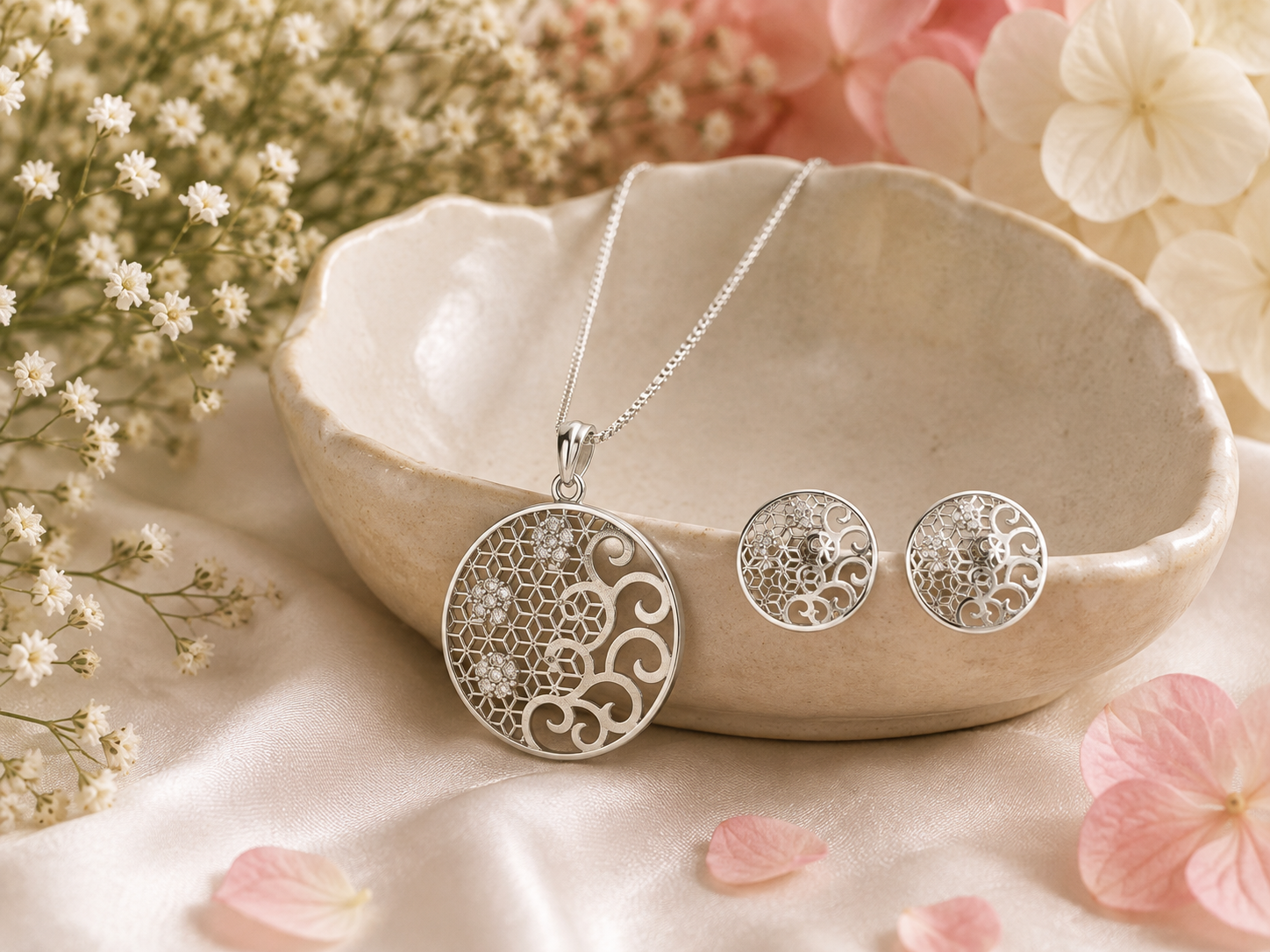 Structure and swirl silver pendant set – handcrafted silver Pendant Sets
