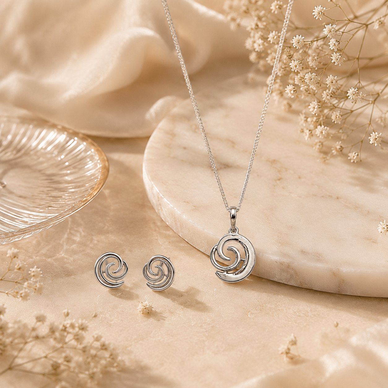 Tidal swirl silver pendant set – handcrafted silver Pendant Sets (alternate view)