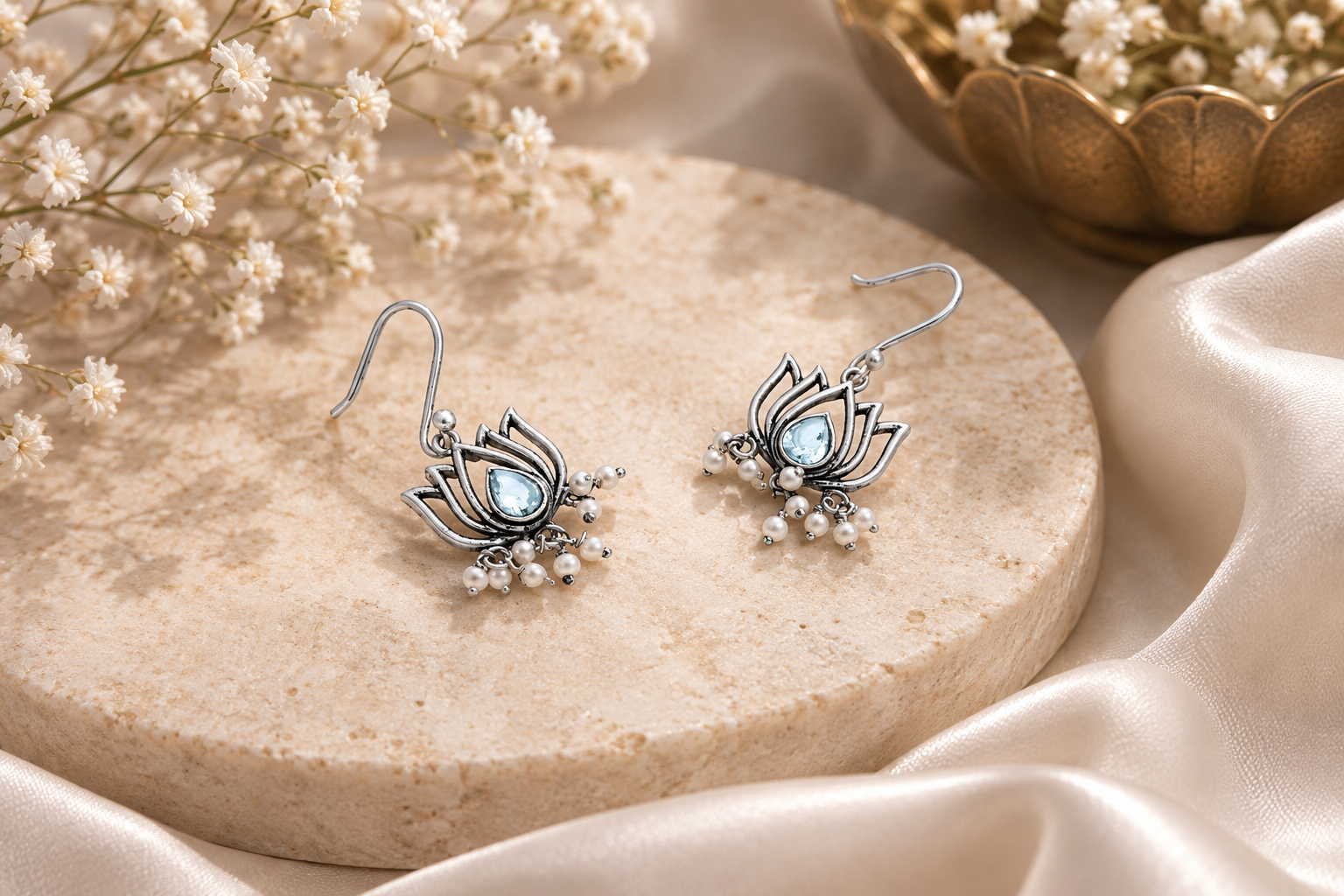 Lotus bloom silver danglers – handcrafted silver EARRINGS