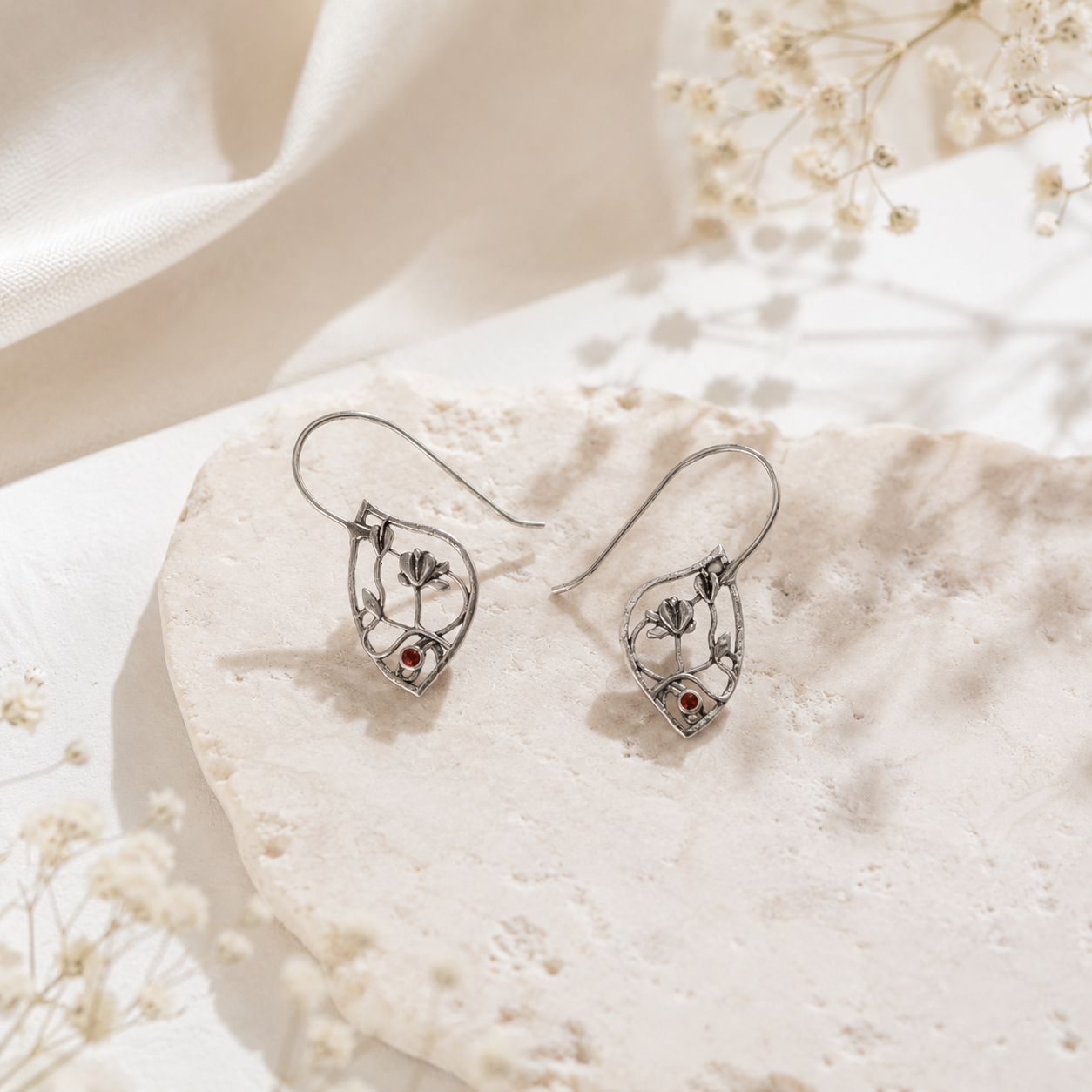 Silver leafette drop earrings – handcrafted silver EARRINGS (alternate view)