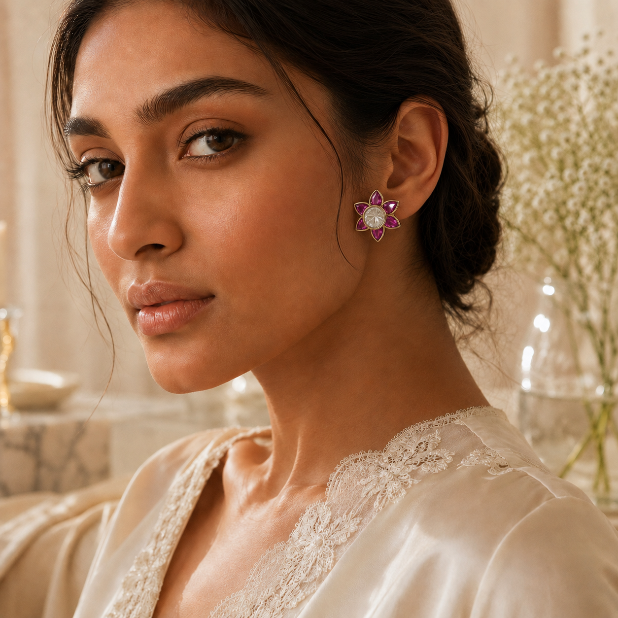 RUBY BLOOM SILVER STUD EARRINGS