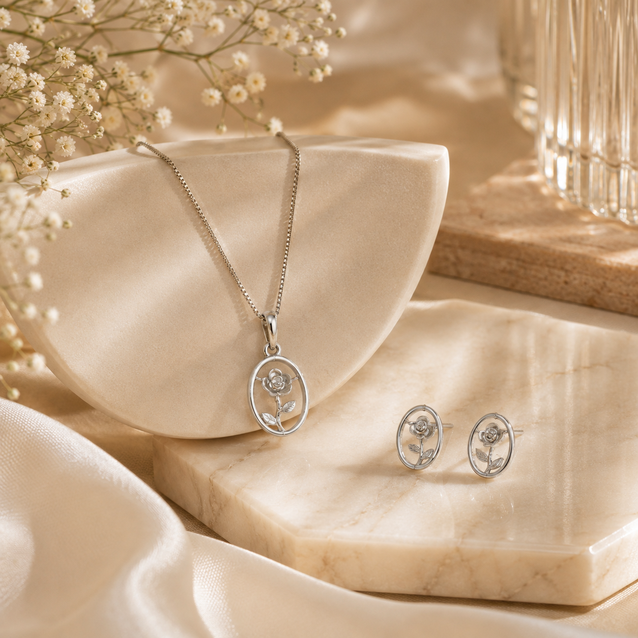 925 sterling silver rose pendant set – handcrafted silver Pendant Sets