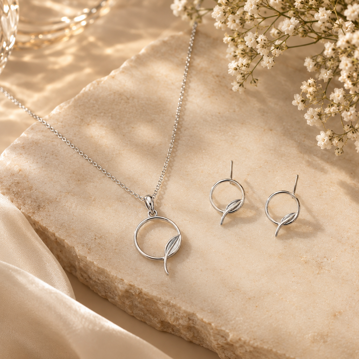 Serene silver leaf halo pendant set – handcrafted silver Pendant Sets (alternate view)