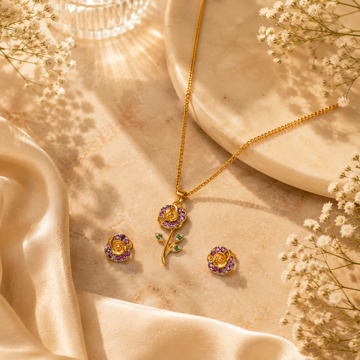 Enchanting silver rose pendant set – handcrafted silver Pendant Sets