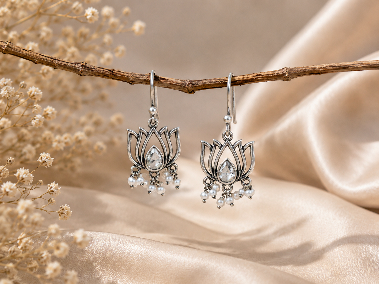 Lotus bloom silver danglers – handcrafted silver EARRINGS (alternate view)