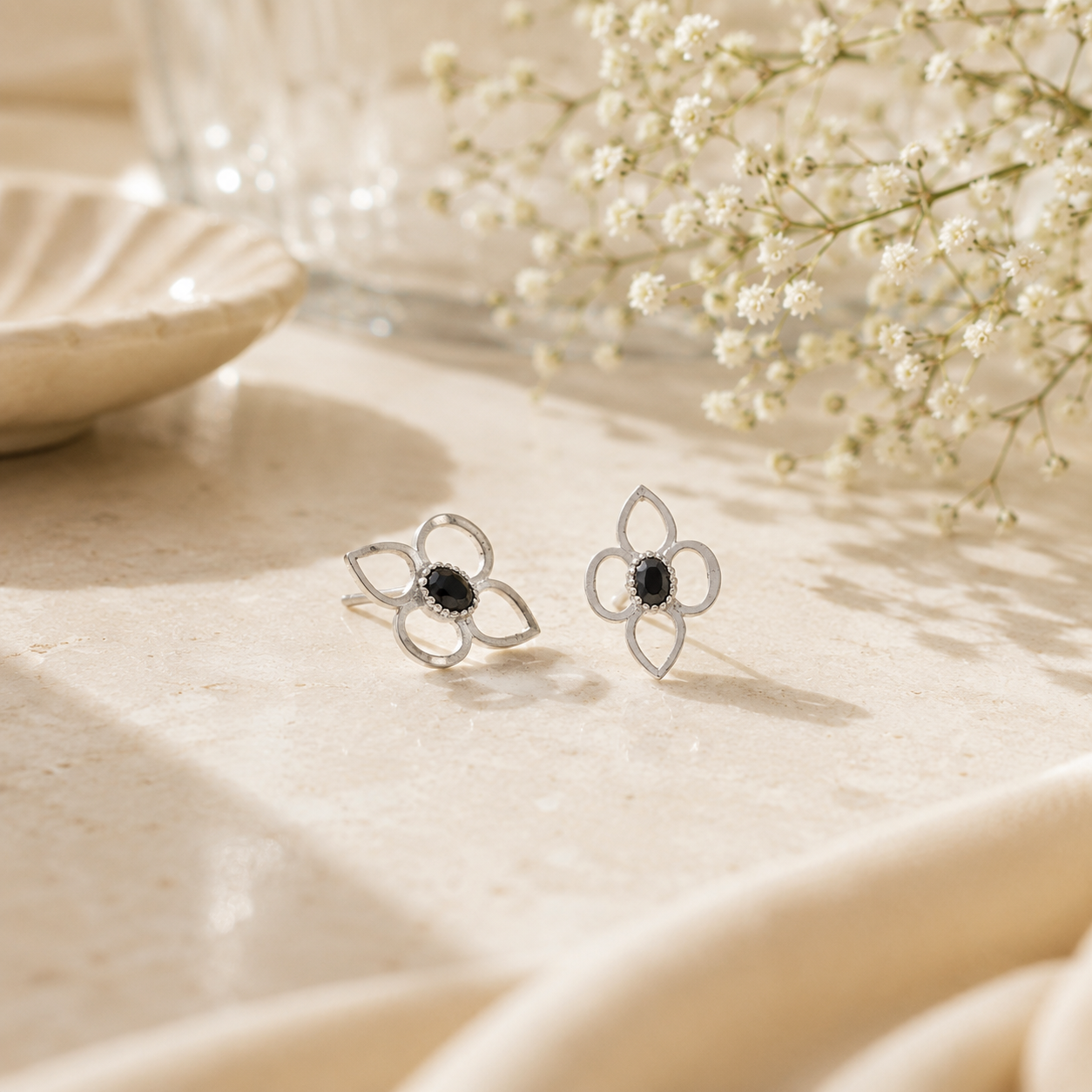 Clover silhouette silver stud earrings – handcrafted silver EARRINGS (alternate view)