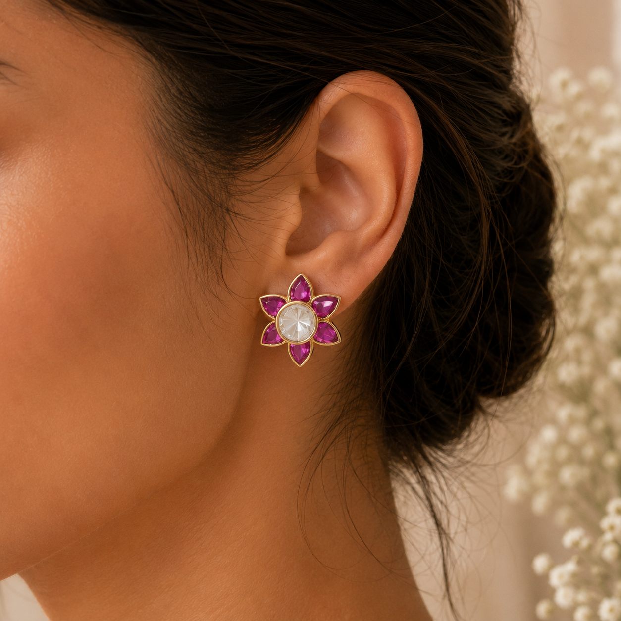 RUBY BLOOM SILVER STUD EARRINGS